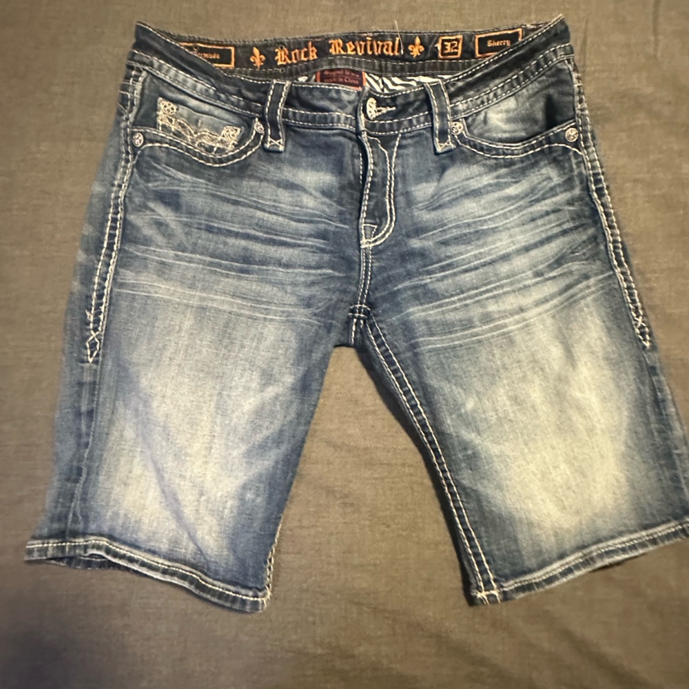Rock Revival Blue Jean Shorts with Distressed Finish
